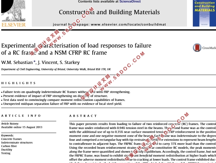 RC框架和NSM CFRP框架的失效响应的实验表征
